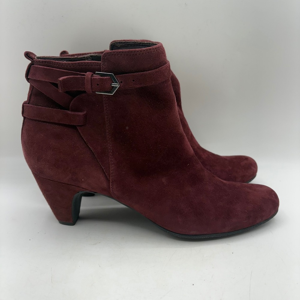 Sam Edelman Burgundy Suede Ankle Boots Kitten Heel Buckle Strap‎ Womens 10.5